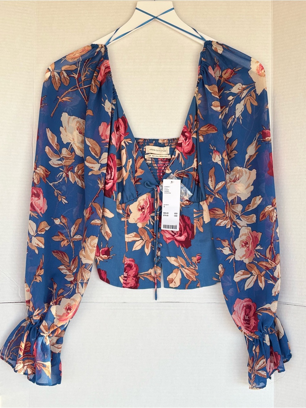 Urban Outfitters Blue Floral Peasant Blouse with Rose Print